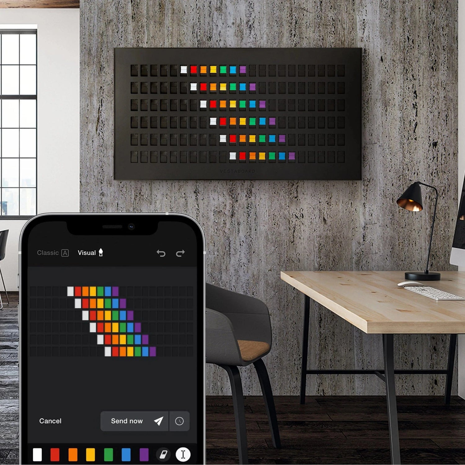 Vestaboard showing colourful design