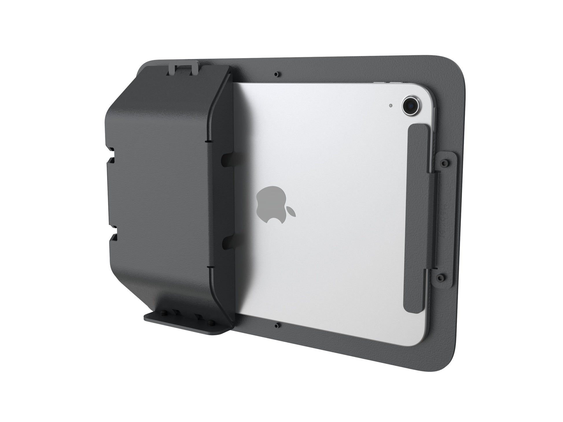 Close-up of sleek, fully enclosed iPad mount with scratch-resistant finish and hidden cable management for meeting room displays.