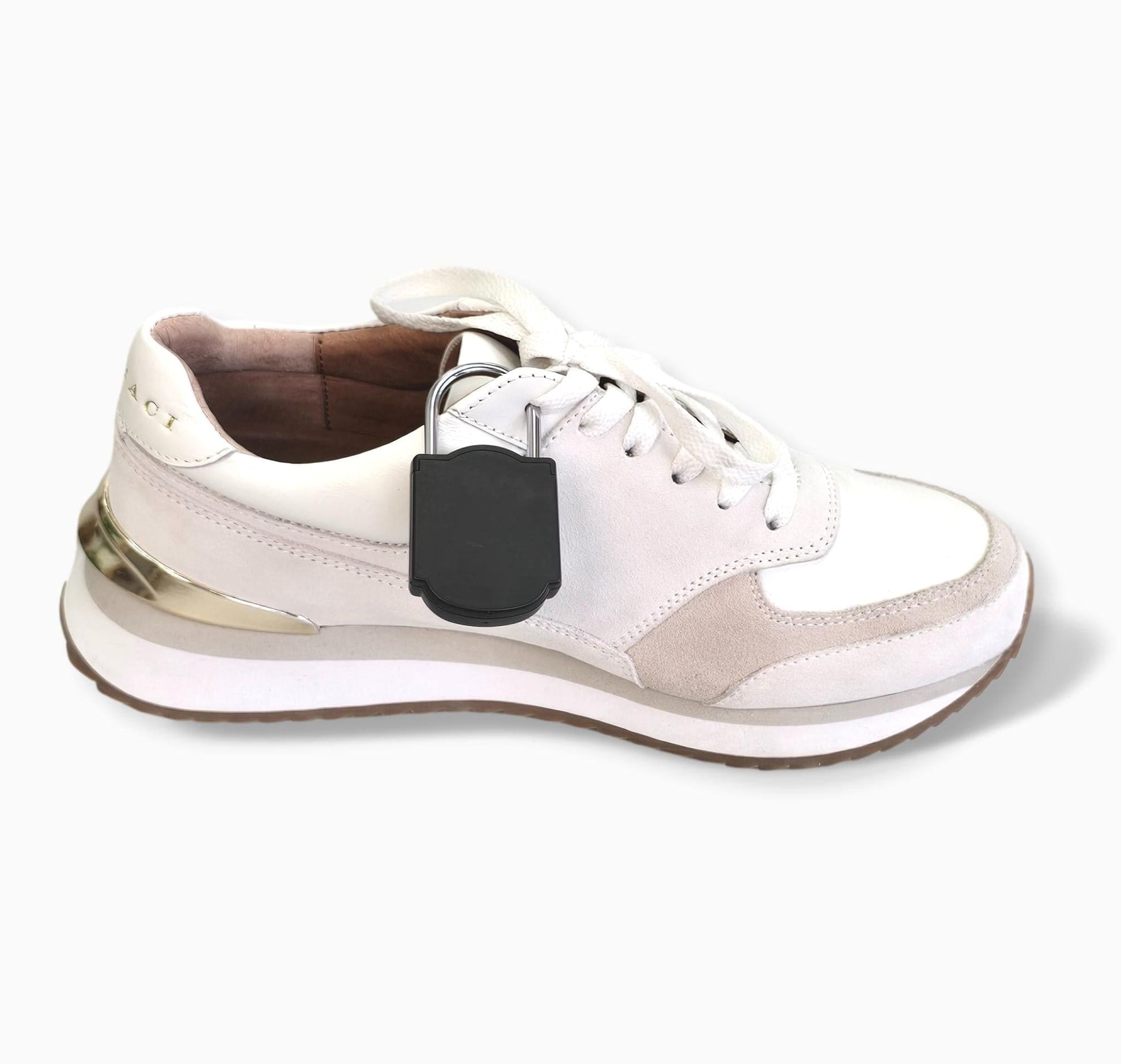 Mitag Padlock Tag attached to a shoe – ideal for securing footwear with tamper-resistant protection.