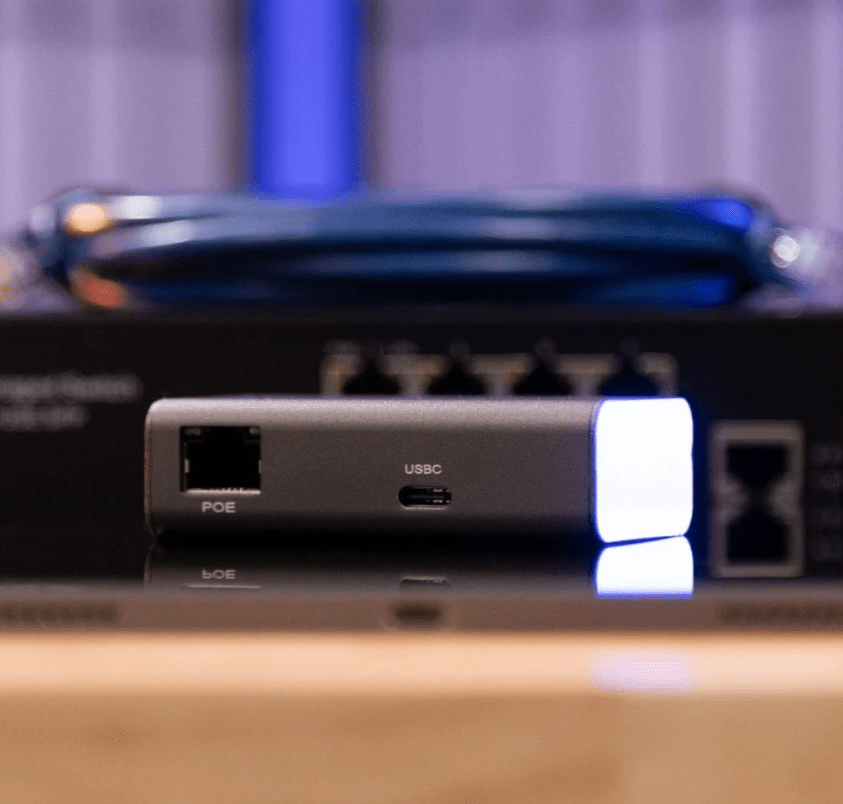 Sleek metallic casing of the PoE++ to USB-C converter, designed for efficient heat dissipation.