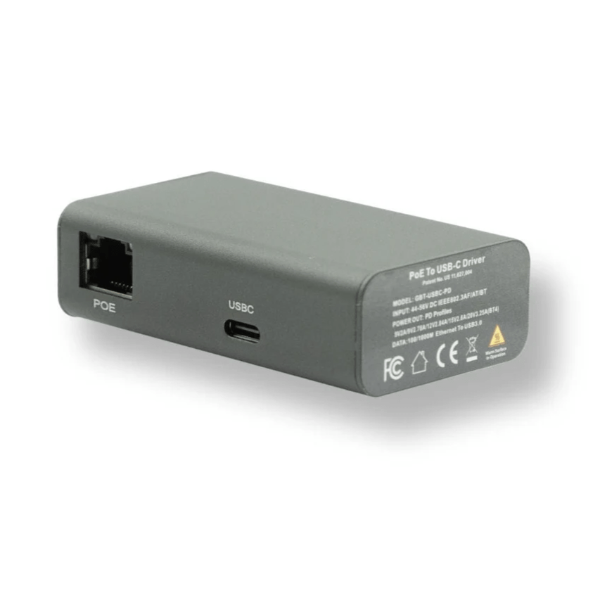 Gigabit PoE++ to USB-C converter with 65W power output and included USB-C cable.
