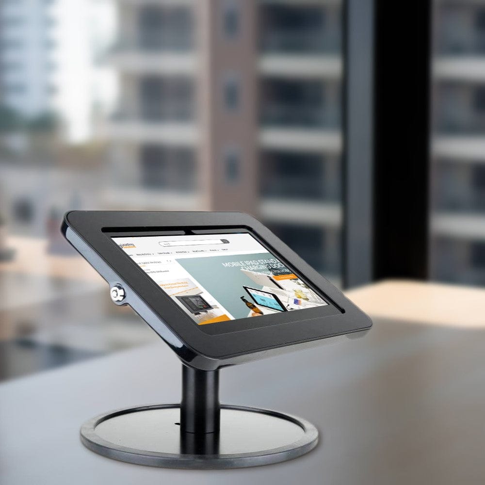 Lenovo tablet displayed on tamper-proof Tab Secure Table Top with flexible portrait or landscape viewing.