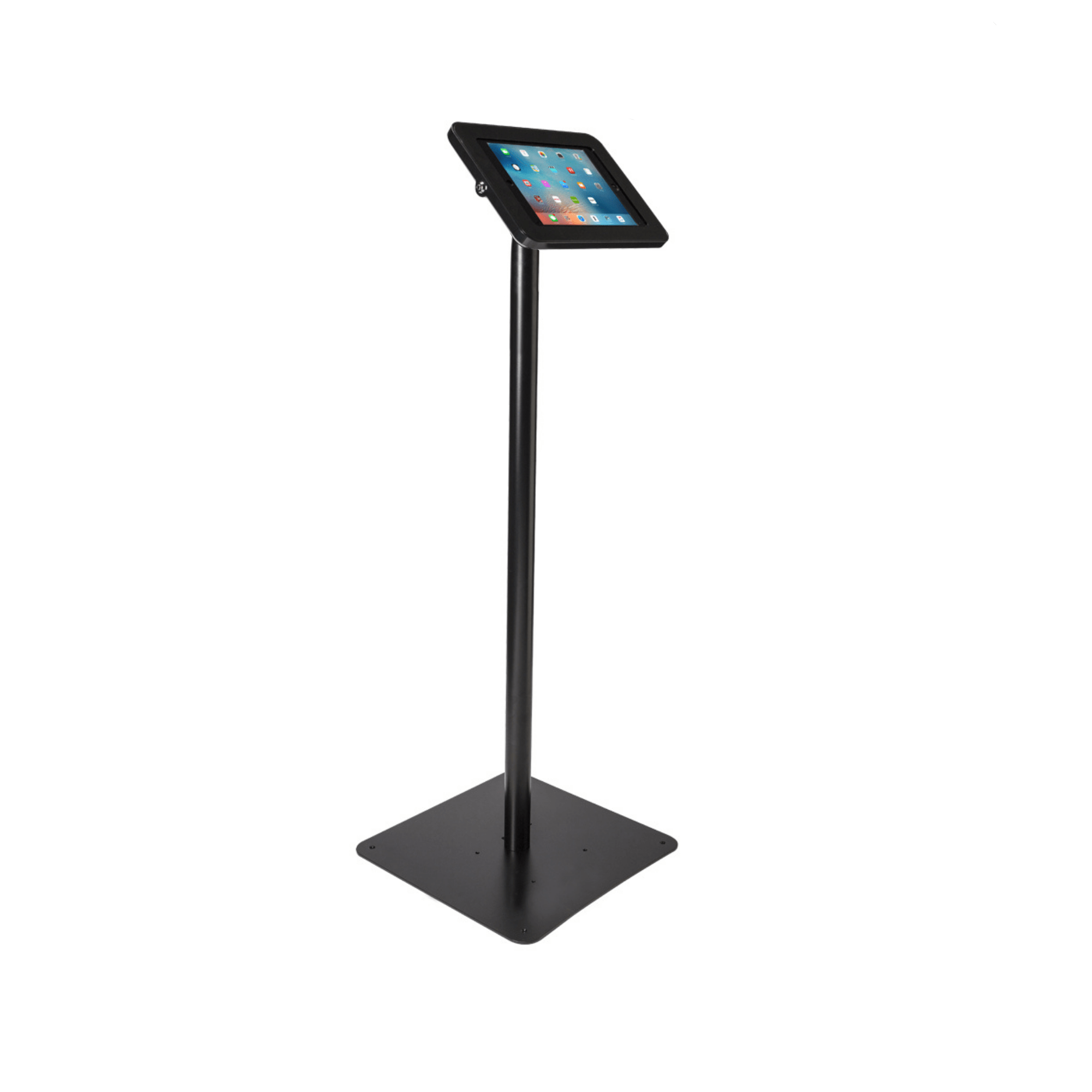 Lenovo tablet on Tab Secure Floorstand with tilt adjustment and hidden cable routing.