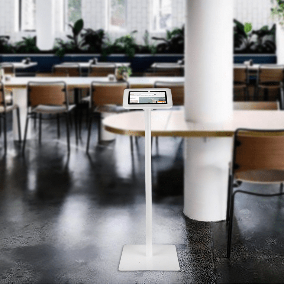 Adjustable Tab Secure Floorstand securing Microsoft Surface tablet for public spaces, exhibitions, and retail check-ins.