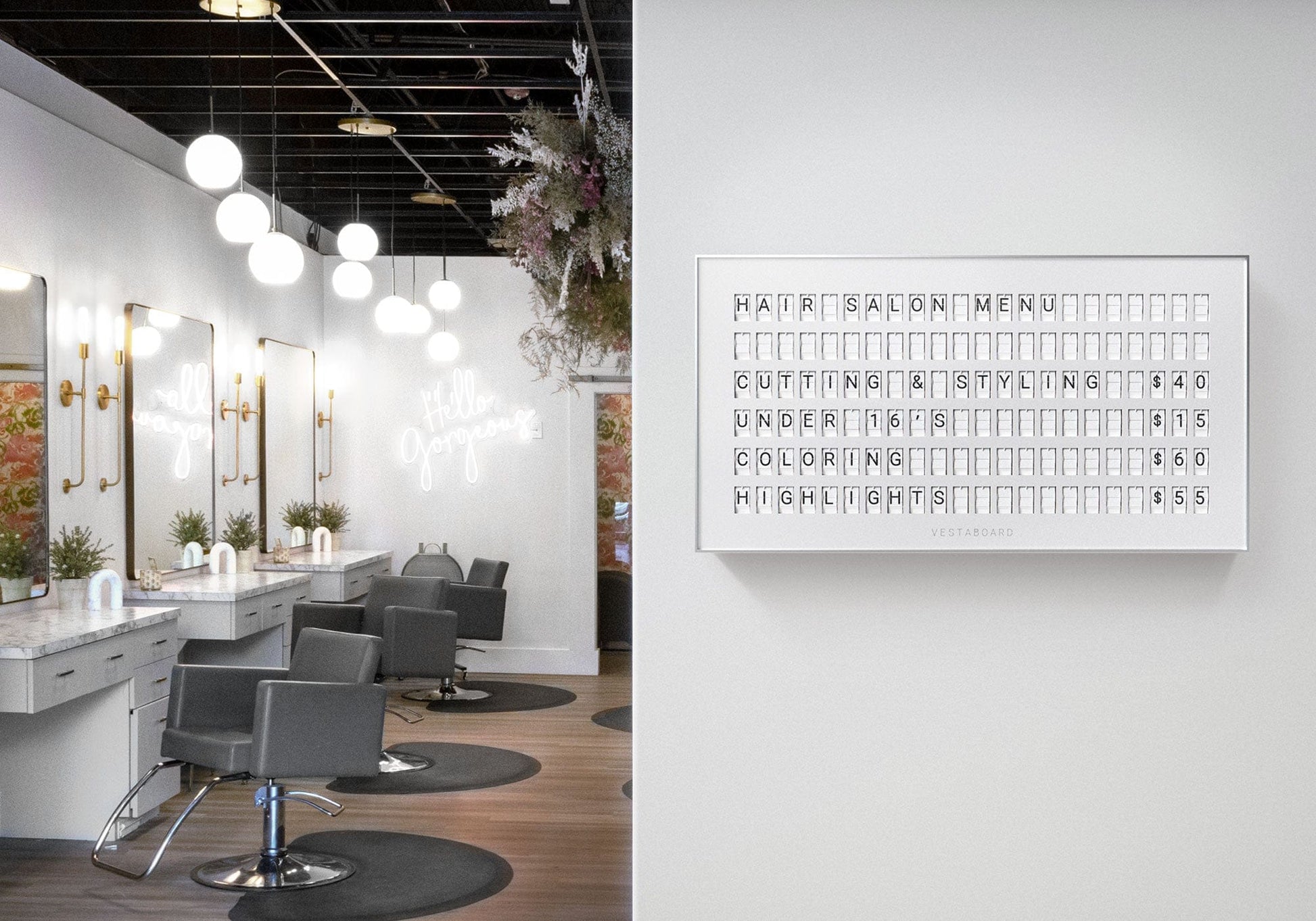 Wall-mounted Vestaboard showing a team message in an office setting.