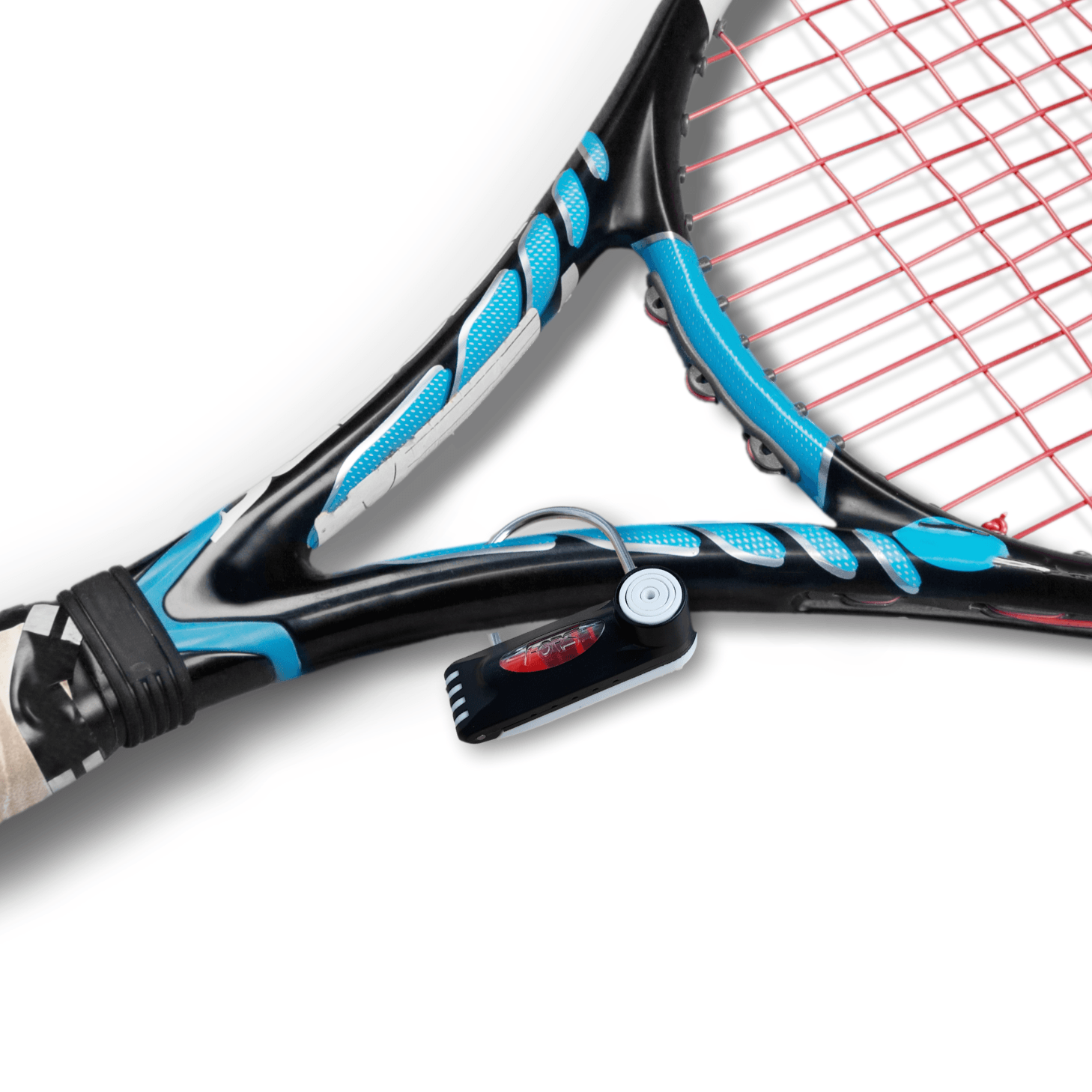 Forstag Padlock Tag securing a tennis racket with tough stainless steel arch.