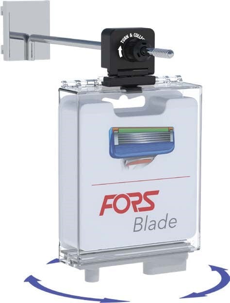 This hinged SpinTag accessory adapts ForsTag safer boxes for efficient hook display.