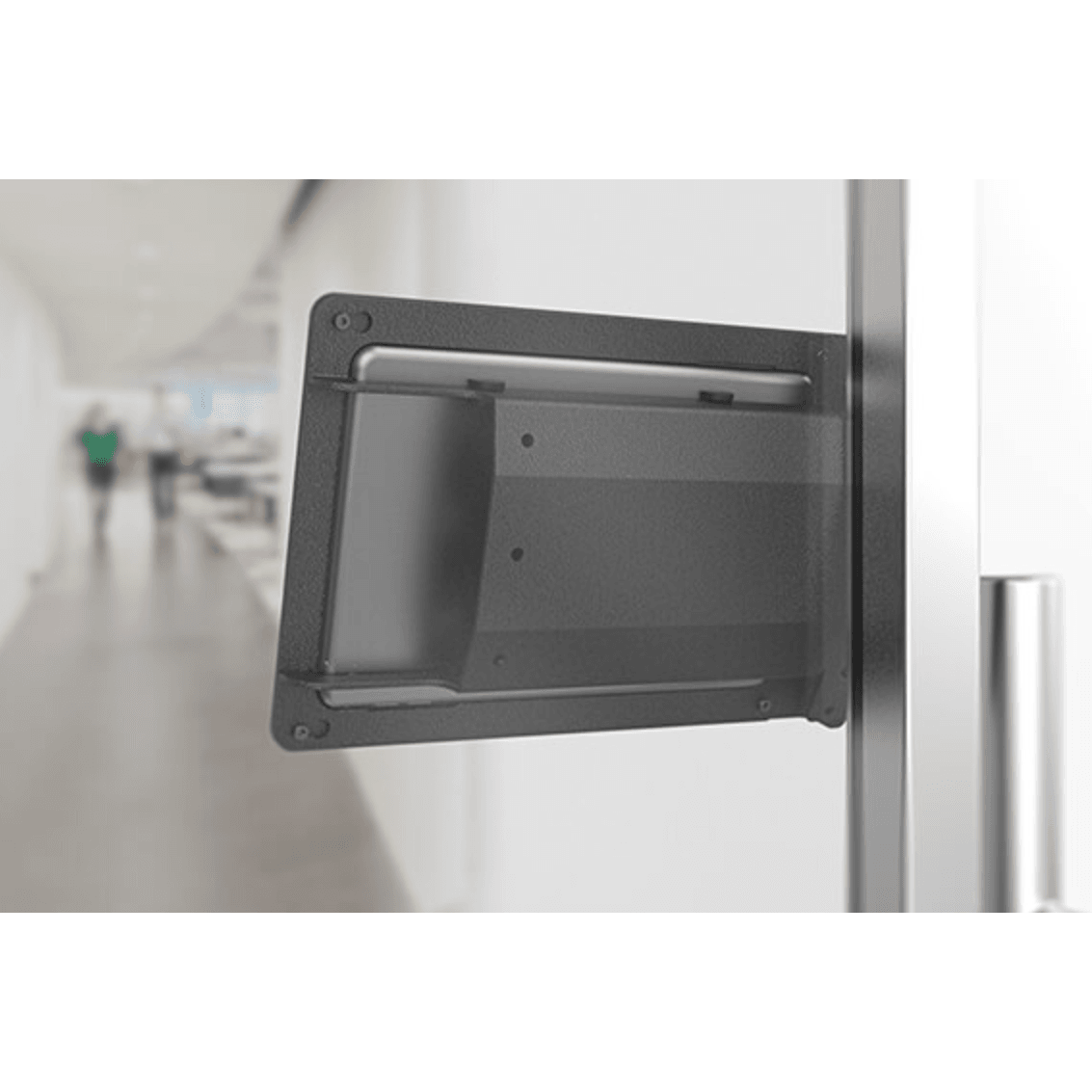 Close-up of Multi Mount’s hidden pocket concealing power and networking adapters for clean room scheduling displays.