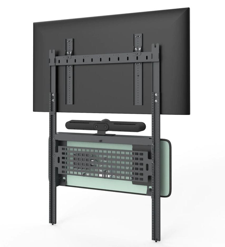 Front view of AV Wall Video Meeting Kit showing organised storage for cables and devices behind felt panel.