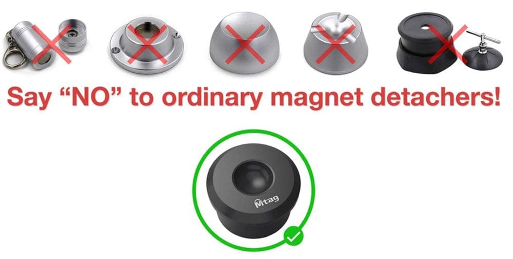 Mitag 50 security tags affixed to retail garments, demonstrating effective anti-shoplifting application.