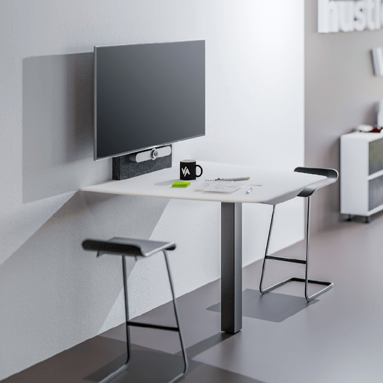 Salamander Unifi Huddle Table designed for 2-3 people, offering cafe-height seating ideal for team collaboration and client presentations.