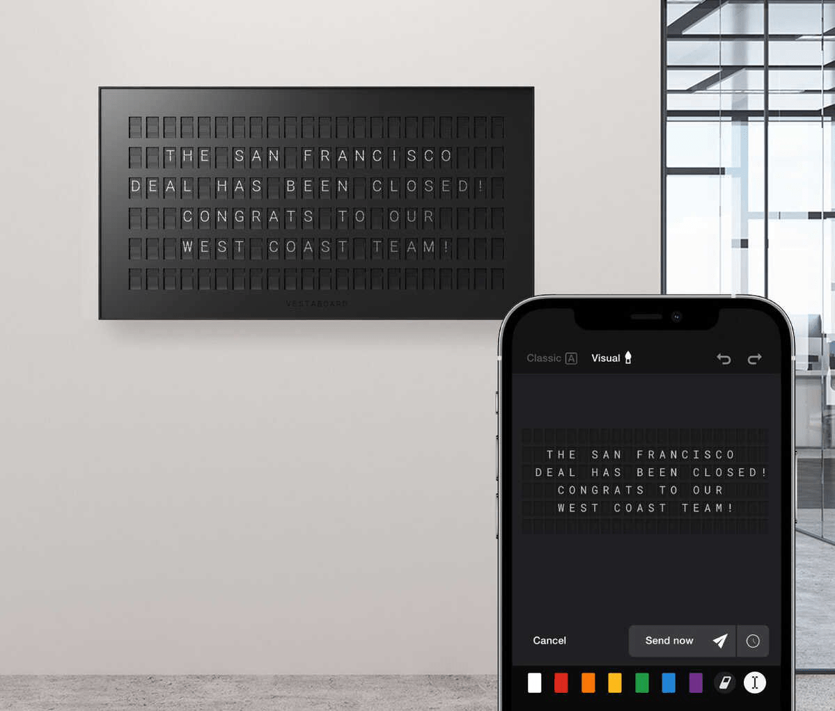 Close-up of Vestaboard flaps rotating to reveal a new message.