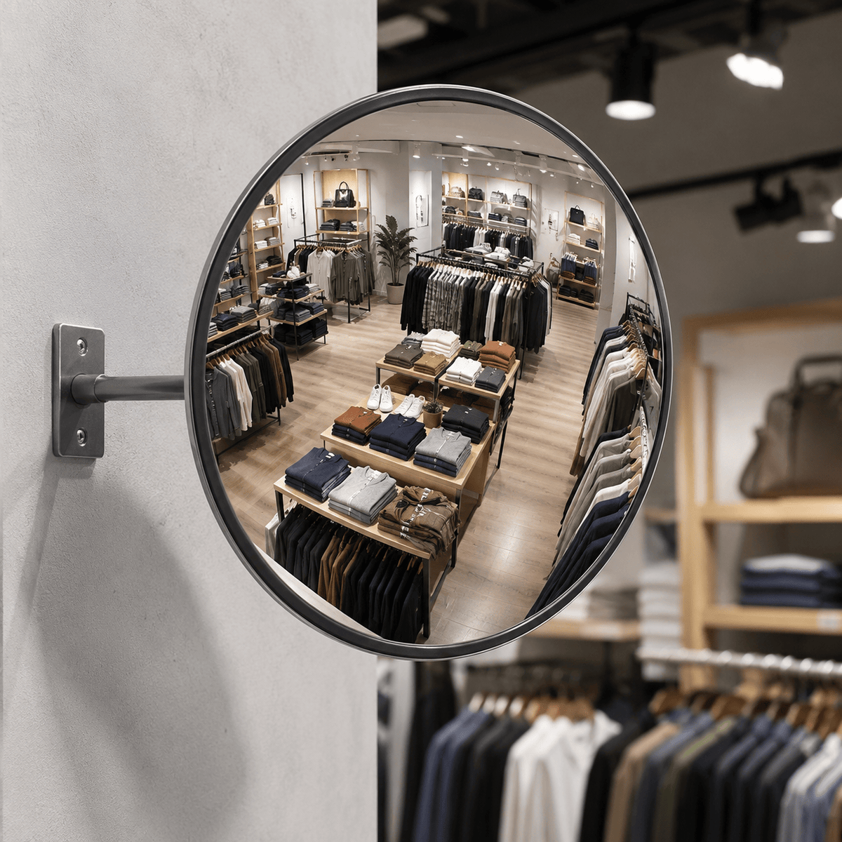 A round wall-mounted security mirror with a dark gray frame and silver metal bracket, mounted on a light gray textured wall. The mirror reflects the interior of a clothing store with racks of garments and tables, while the foreground is slightly blurred.