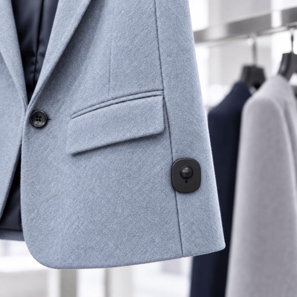 compact security tag attached on a jacket