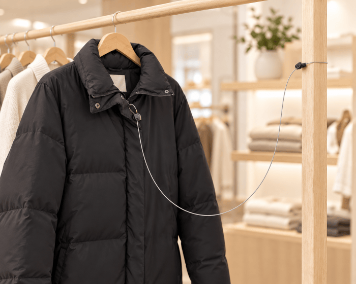 A black puffer jacket hanging on a wooden hanger from a clothing rack inside a softly lit boutique. Security tether is attached in the product