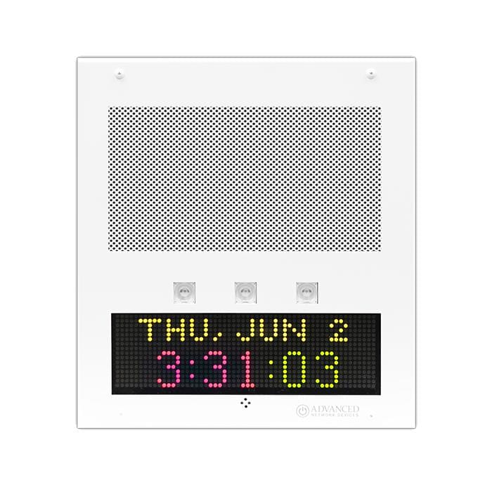 Advanced Network Devices IP speaker with LED text display and built-in microphone, wall-mounted.