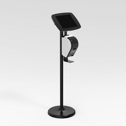 Bouncepad iPad Floor Stand for iPad 11" 11th Gen, black, with camera exposed and printer bracket.