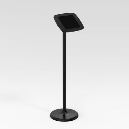Bouncepad iPad Floor Stand for 11" 11th Gen, black, with exposed front camera.