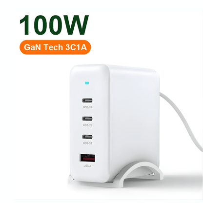 C-Link Tablet Enclosure 100W GaN Fast Charge QuadPort USB-C PD 3.0 Charger - 3x USB-C & 1x USB-A