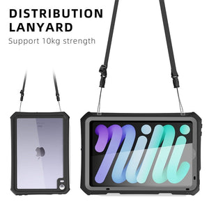 Heavy-duty waterproof case for iPad Mini 6 – full-body protection with clear panels, kickstand, and secure shoulder strap