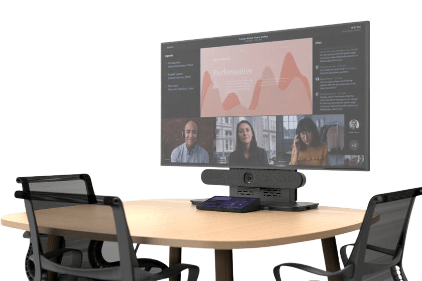 Fast-install tabletop stand from Heckler fits Teams Rooms without table modifications.