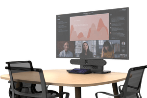 Fast-install tabletop stand from Heckler fits Teams Rooms without table modifications.