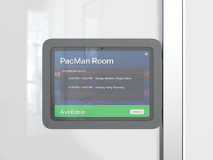 Front Mount tablet enclosure with powder-coated steel finish, designed for flush-glass mullion installations.