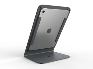 Stand Prime with all-steel construction securely holding tablet, allowing access to buttons, cameras, and speakers, but no headphone jack access.