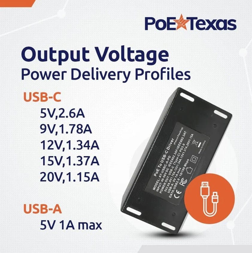 POE Texas Tablet Enclosure POE+ to USB-C Power + Data with USB-A Port