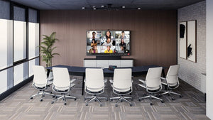 Modern Arc Table in black laminate, seats 10, with acoustic panel and hidden cables.