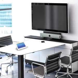 Salamander white collaboration table with TV mount and AV cabinet, great for offices