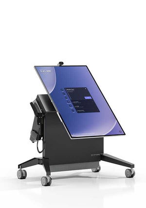 Side angle highlighting the large handles, locking casters, and telescoping design for easy mobility and compact storage, with cables neatly managed and hidden.