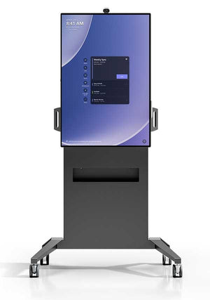 Side angle highlighting large handles, premium casters, and accessible storage cubby on the front of the mobile stand.