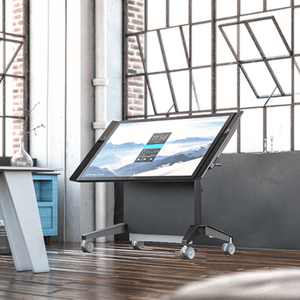 Salamander mobile stand with motorized height and tilt adjustment for ergonomic comfort.