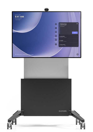 Salamander Electric Lift Small Mobile Cart with Microsoft Surface Hub 2S 50” mounted, showcasing its compact and sleek design for easy mobility.