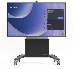 Front view of the Salamander XL Electric Lift Mobile Stand holding an 85-inch Microsoft Surface Hub, showcasing its robust powder-coated steel frame and sleek design.
