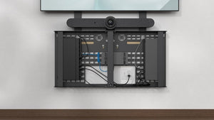 Credenza AV enclosure with compact design, providing cooling and easy access for meeting room equipment.