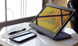 Heckler Stand Prime securely holding Samsung tablet, with full access to buttons, cameras, and speakers.