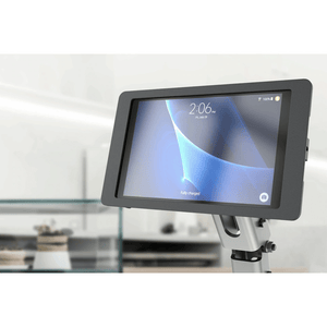 Heckler VESA Mount for Galaxy Tab A 10.1 (2019) with open-back design for airflow, includes mounting screws and assembly tools.