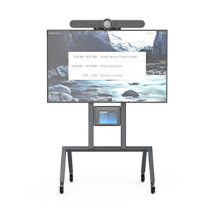 Close-up of rotating Device Panel on AV Cart for easy access to mounted computers, display hubs, and power adapters.