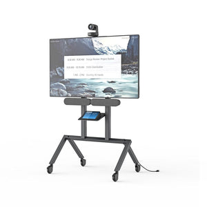 Heckler AV Cart for Logitech Rally Plus supporting 50” to 75” displays, designed for seamless integration with Rally Bar systems.