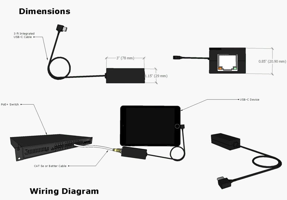 POE Texas Adapter PoE to USB-C Power Delivery and 10/100 Data Combined