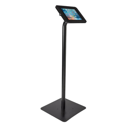 Tab Secure Floorstand securely mounting iPad with adjustable tilt, internal cable routing, and exposed front camera.